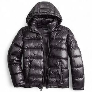 New GUESS Men’s Black Puffer Jacket Hooded Winter Coat Insulated Outerwear XL
